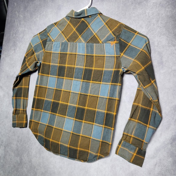 Fox Plaid Long Sleeve Flannel Shirt Mens Size L Blue Brown Gold - Picture 9 of 16